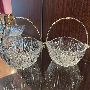 Mikasa Vintage Crystal Art Basket Diamond & Button Gold Handle  5.25" Set of 2